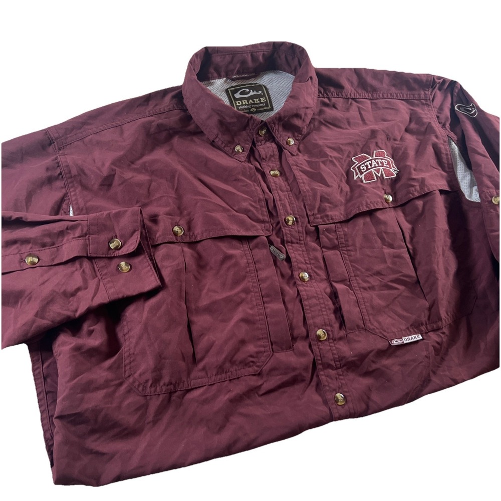 Drake Shirt Mens L Large Burgundy Mississippi‎ State Vented Fishing Button Front